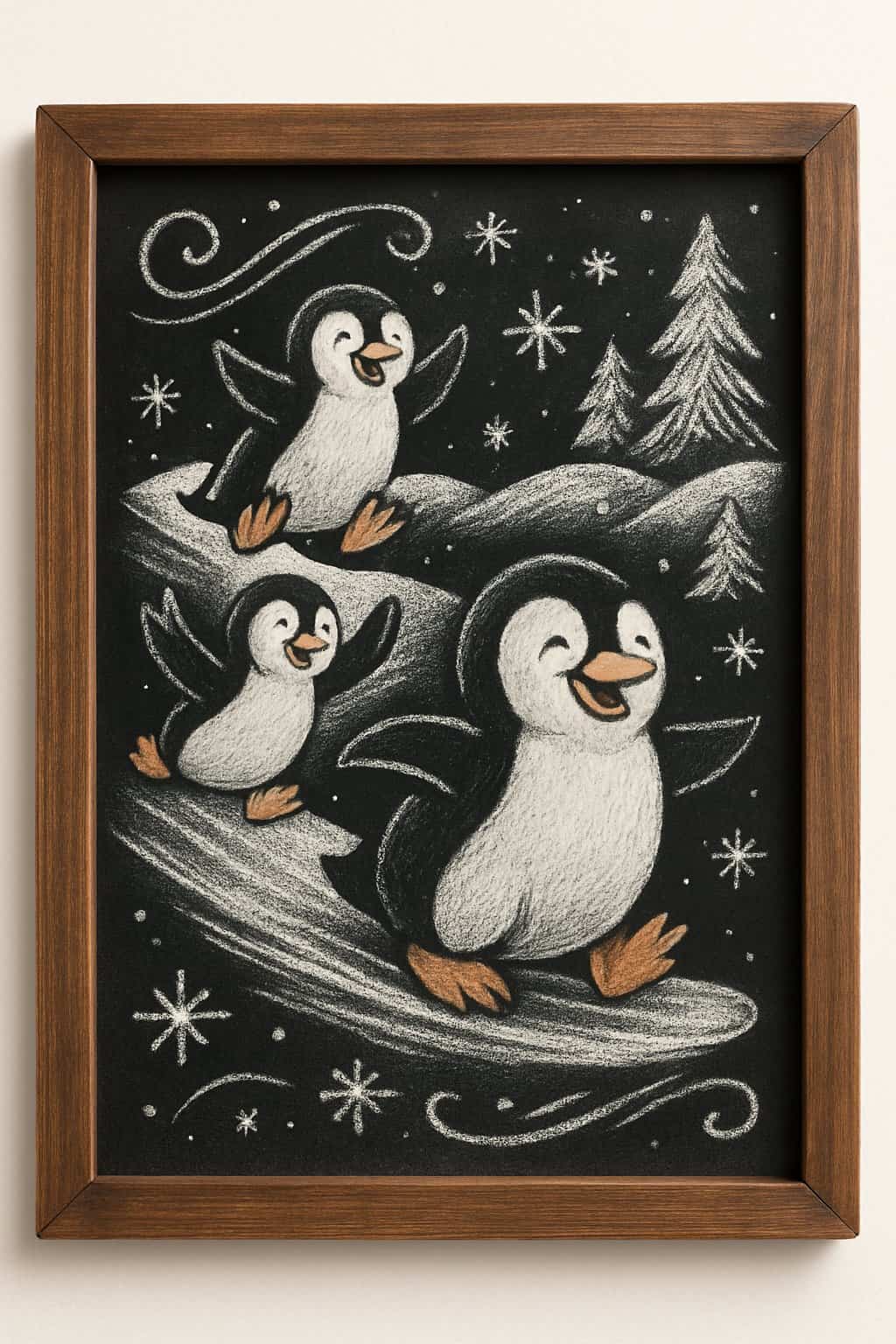 A chalkboard sign showing happy penguins sliding on ice surrounded by a simple winter scene.