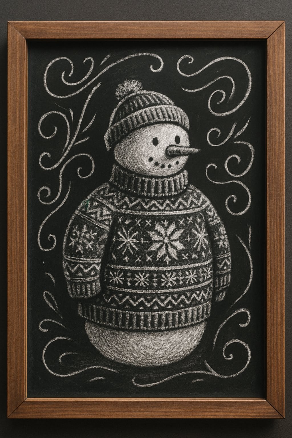 A chalkboard sign with a wood frame showing a snowman wearing a patterned sweater.