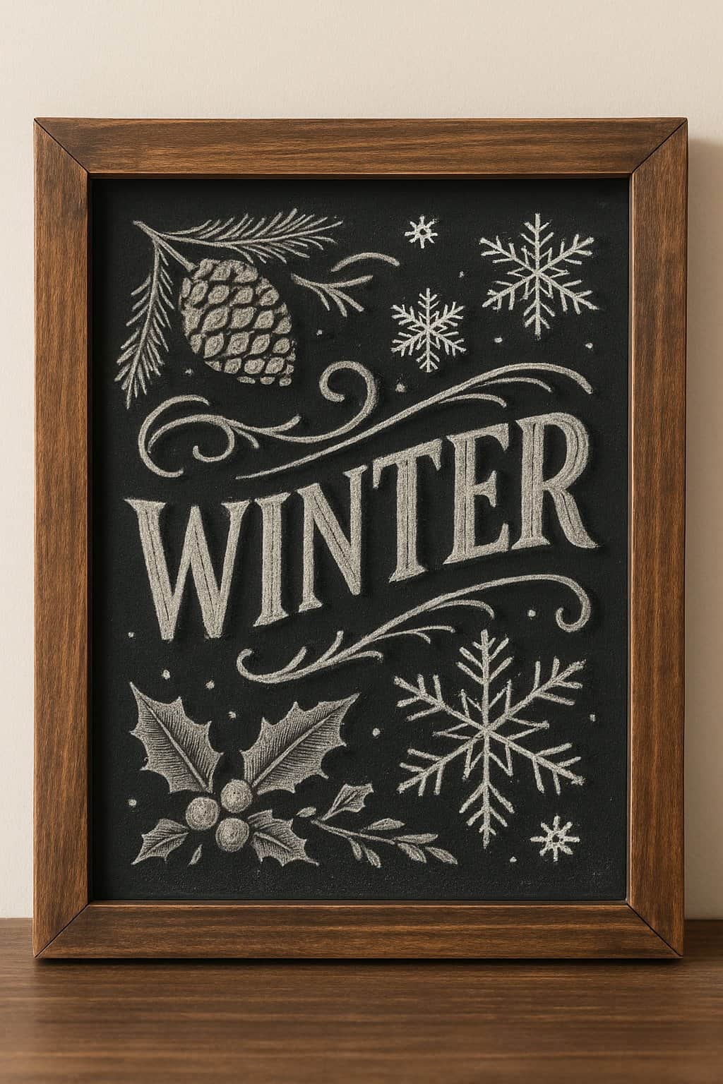 A wood-framed chalkboard sign with artistic chalk lettering displayed indoors with natural light.