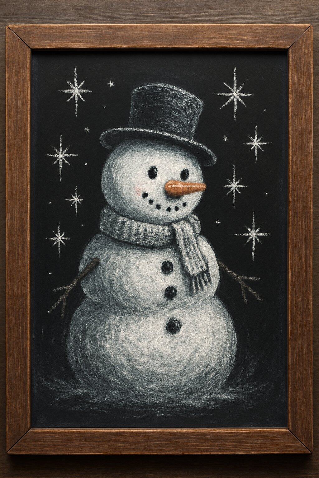 A chalkboard sign with a snowman drawing surrounded by twinkling stars inside a wooden frame.