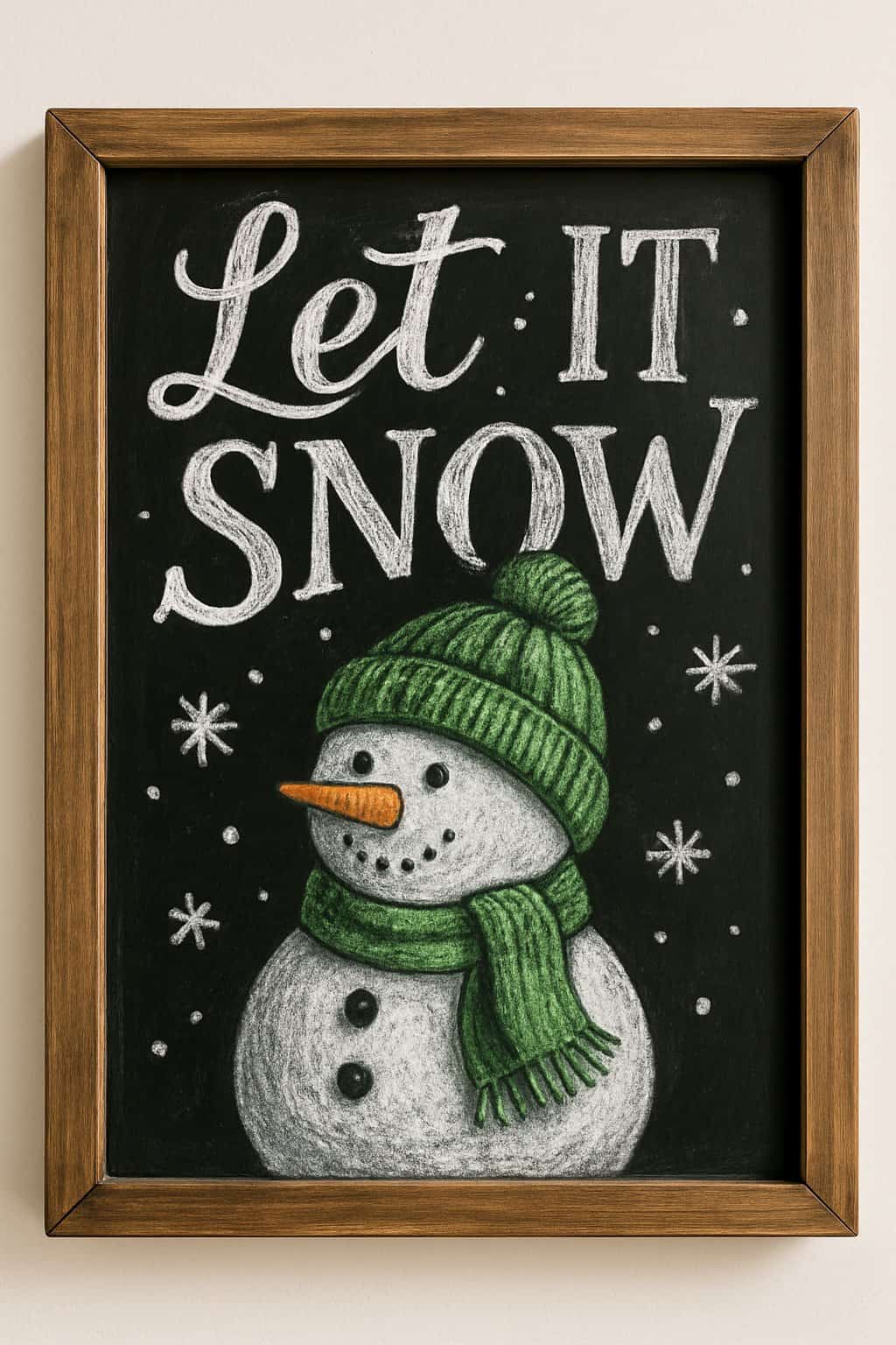 A chalkboard sign with a wood frame showing a snowman wearing a green knit hat.