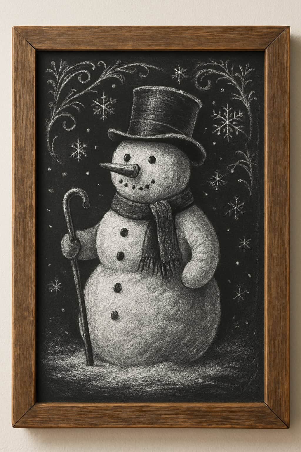 A chalkboard sign depicting a snowman holding a black cane, surrounded by winter-themed decorations on a wood frame.