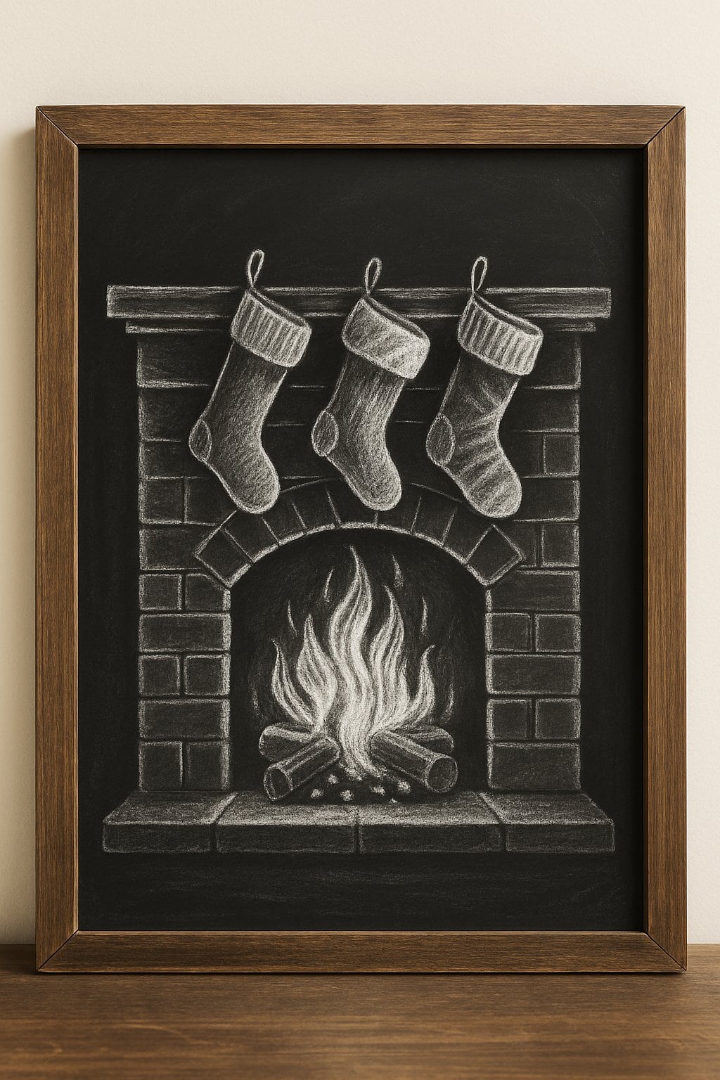 A wood framed chalkboard sign depicting a cozy fireplace with stockings hanging above the mantel.