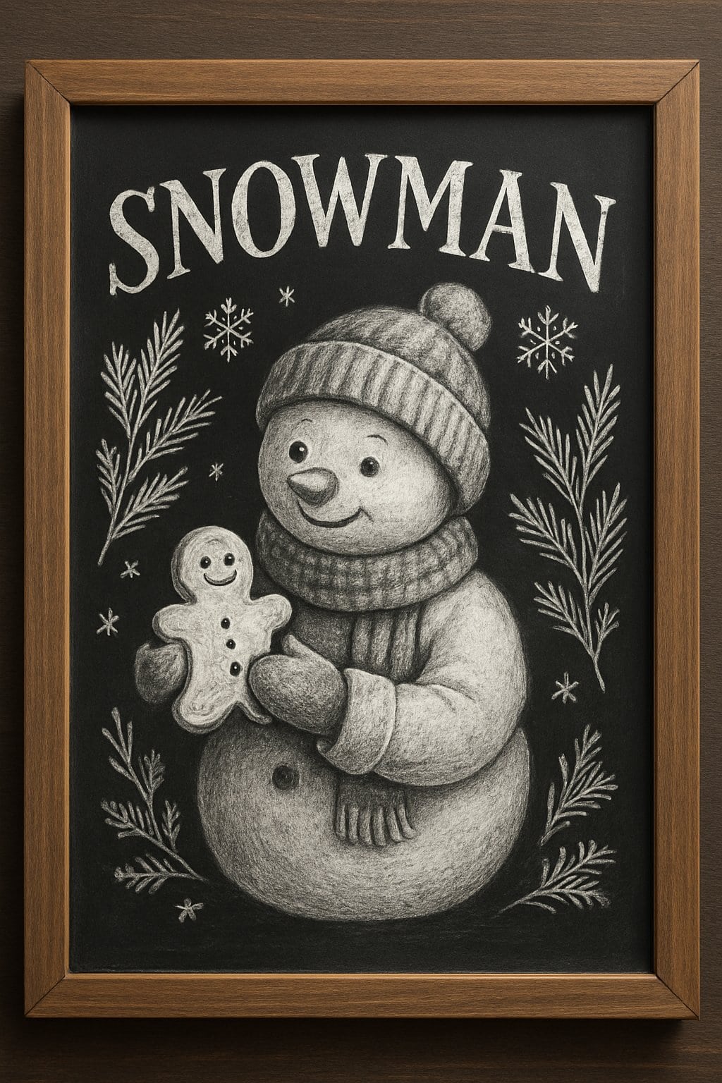 A snowman holding a snowman-shaped cookie on a wood framed chalkboard sign with snowflakes and pine branches around it.