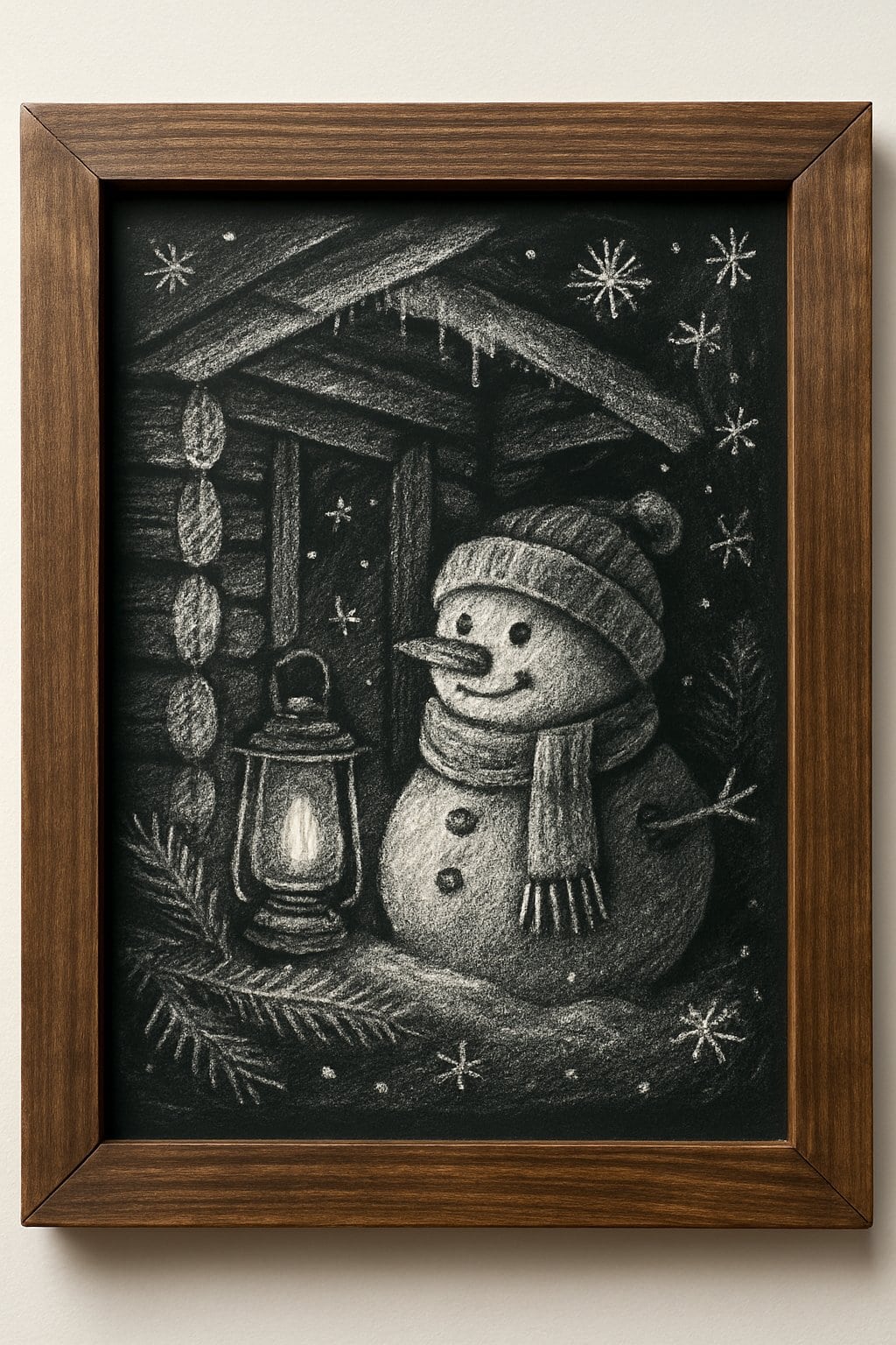 A snowman inside a winter cabin surrounded by snowflakes and pine branches on a chalkboard with a wooden frame.