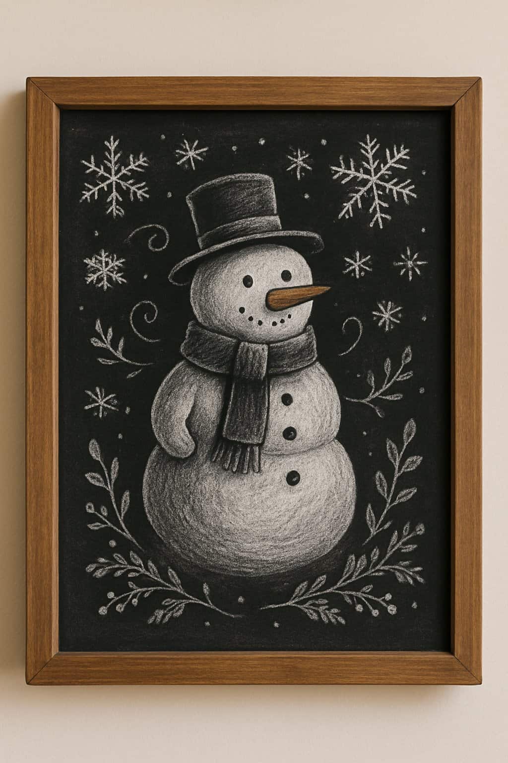 A wooden framed chalkboard with a drawing of a snowman surrounded by snowflakes and winter plants.