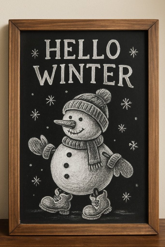 A chalkboard drawing in a wooden frame shows a cheerful snowman wearing a hat, scarf, and mittens, with "HELLO WINTER" written above and snowflakes scattered around.