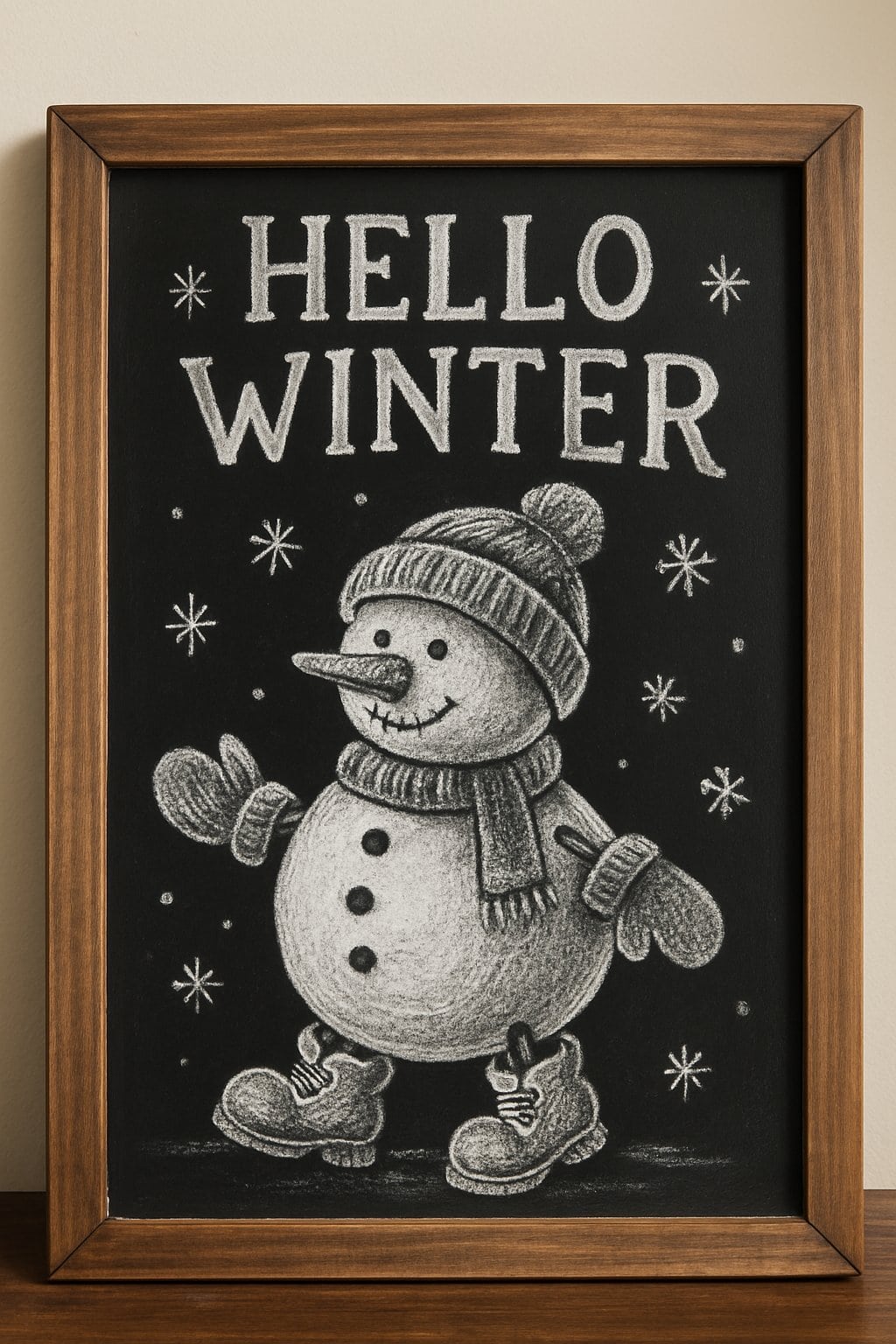 Chalkboard sign with a snowman wearing snow boots and mittens, framed in wood.