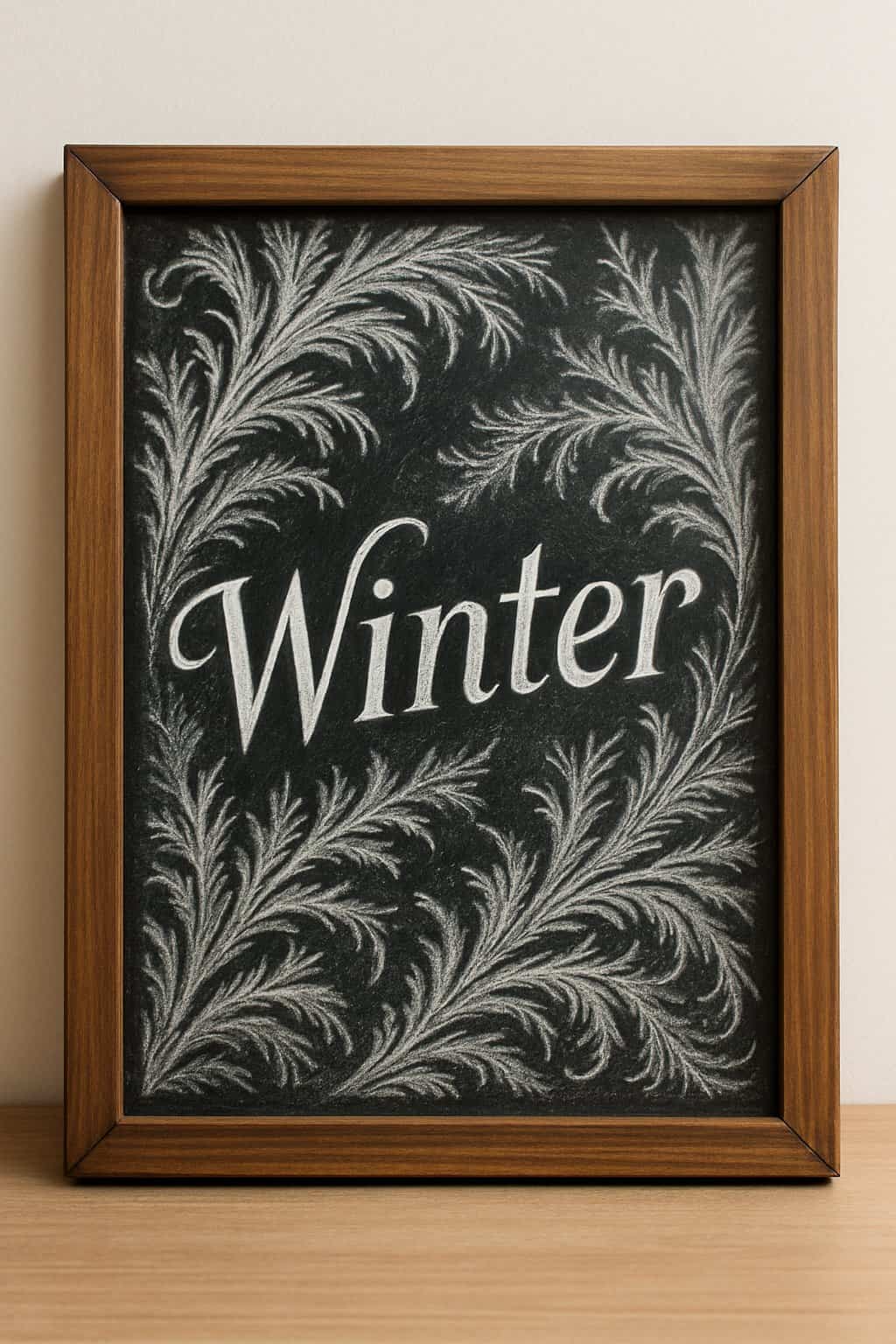 A wooden framed chalkboard displaying detailed frost pattern designs inspired by winter windowpanes.