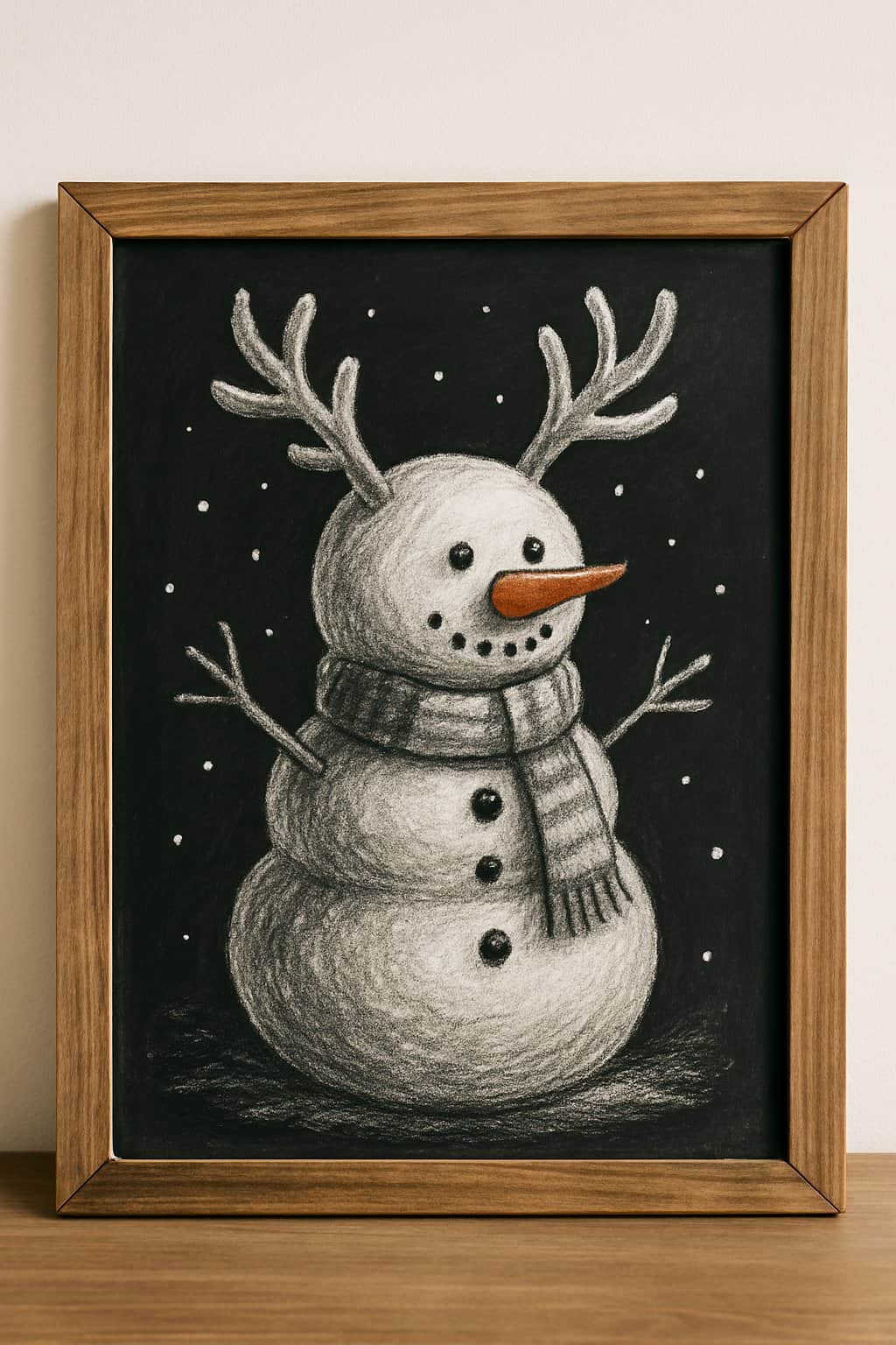 A chalkboard sign with a drawing of a snowman wearing reindeer antlers inside a wooden frame.