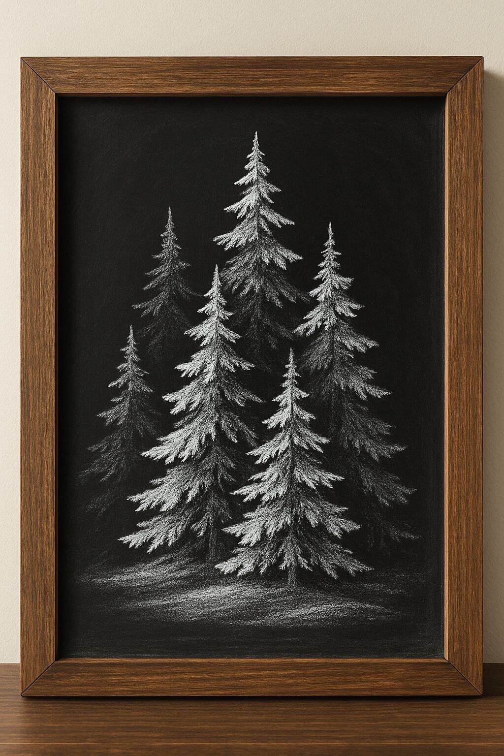 A wood framed chalkboard sign displaying layered silhouettes of pine trees in a winter scene.