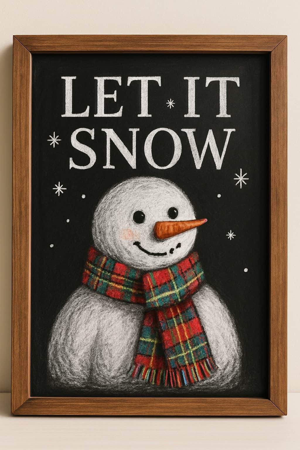 A chalkboard sign with a drawing of a snowman wearing a tartan plaid scarf inside a wood frame.