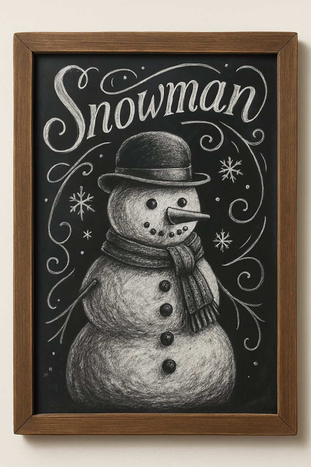 A chalkboard sign with a detailed drawing of a snowman wearing a bowler hat inside a wooden frame.