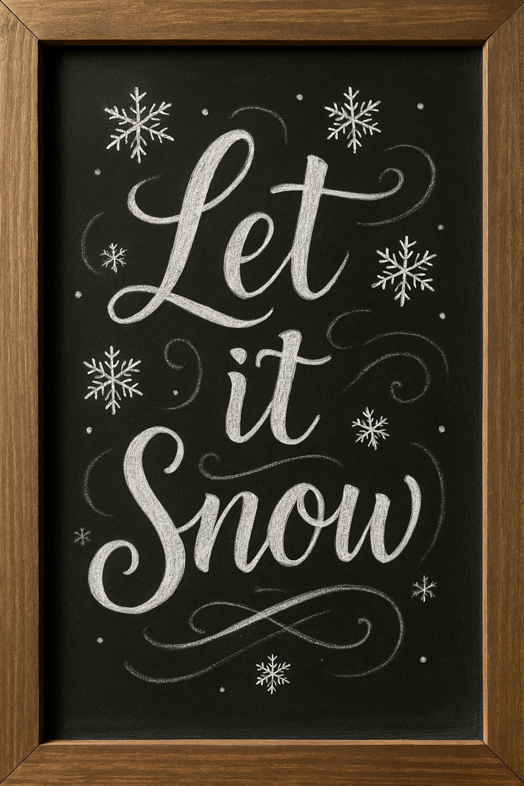 A wood framed chalkboard sign with winter-themed hand drawn snowflakes and swirling trails on a black background.