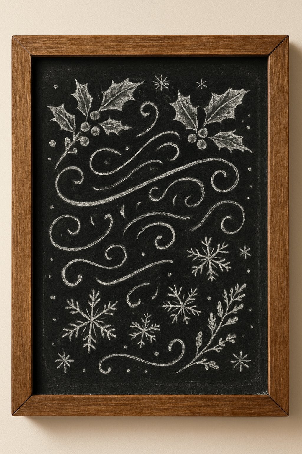 A wood framed chalkboard sign with festive seasonal decorations on a clean background, softly lit by natural light.