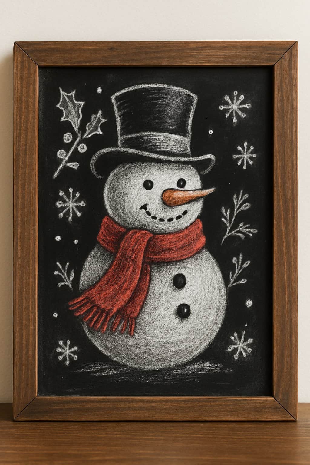 A chalkboard sign with a snowman wearing a top hat and scarf, decorated with holly and snowflakes inside a wooden frame.