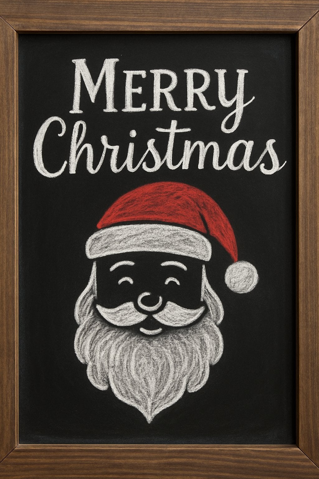 A wood framed chalkboard sign displaying a simple Santa face wearing a red hat.