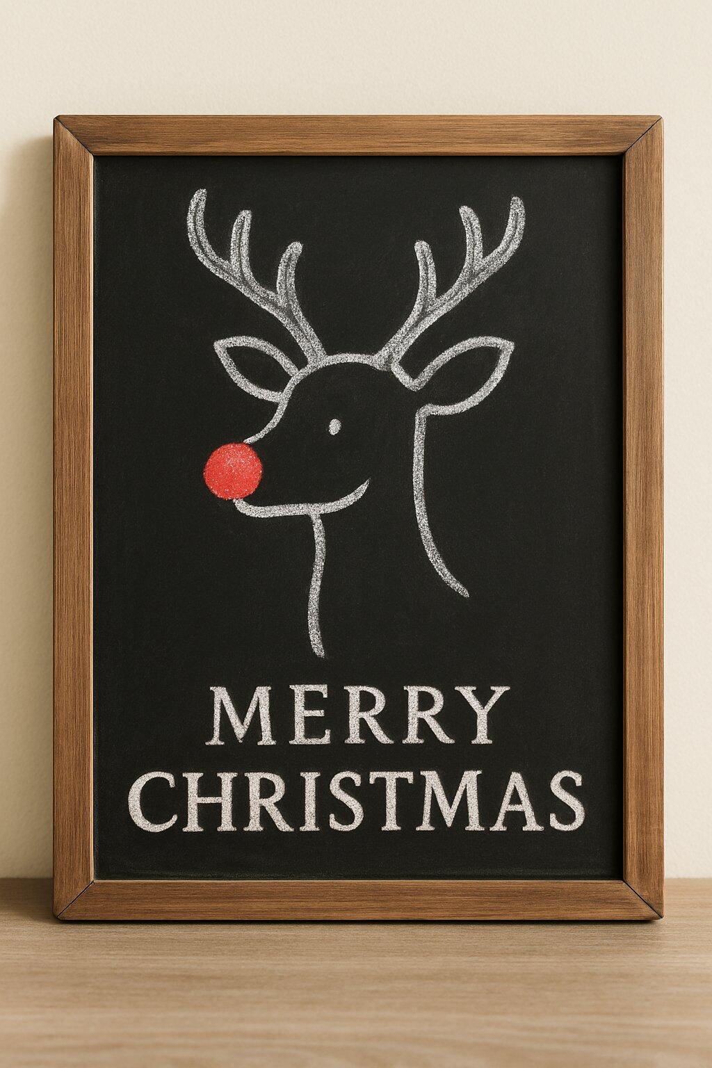 A wood framed chalkboard with a simple reindeer outline featuring a red nose on a clean background.
