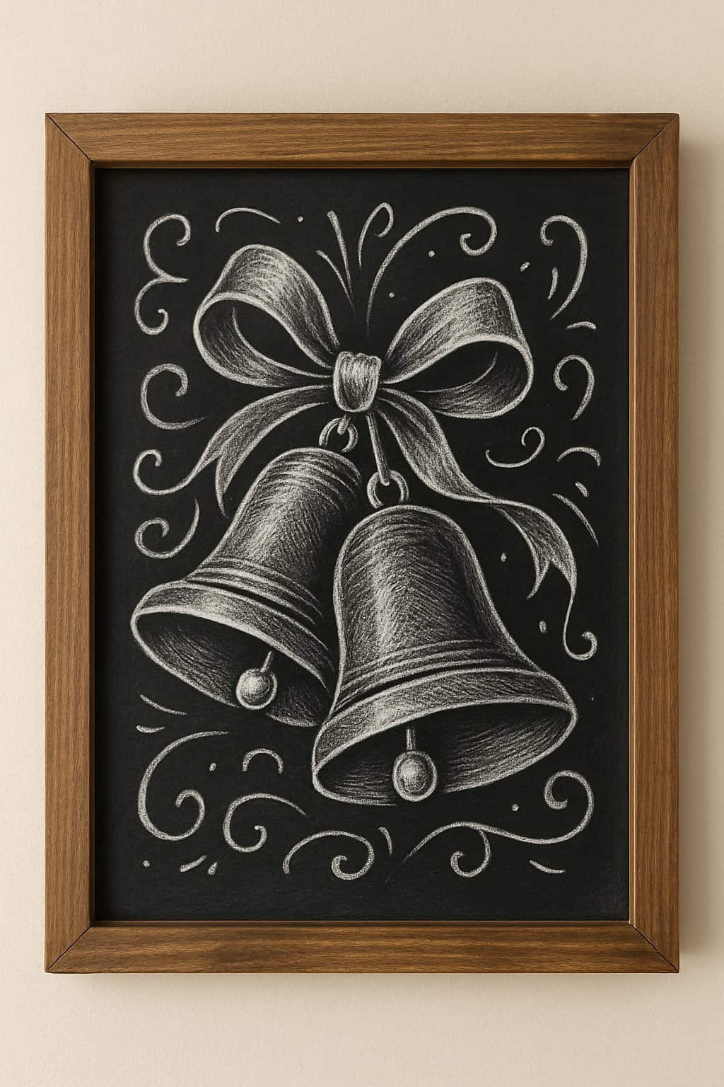 A wood framed chalkboard with a detailed chalk drawing of Christmas bells tied with a ribbon.