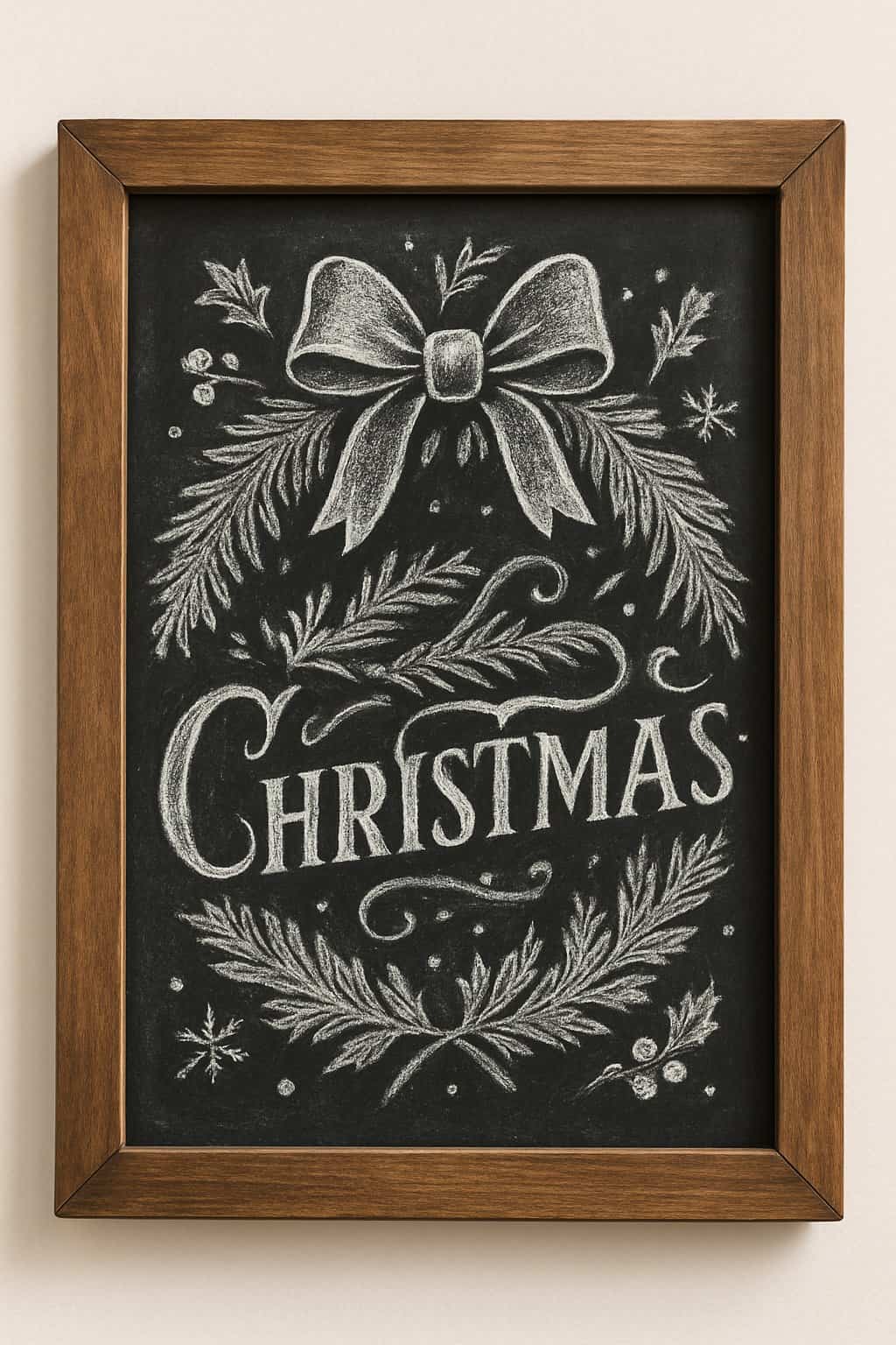 A wood framed chalkboard displaying a festive Christmas wreath with a bow, surrounded by holiday decorations on a clean surface.