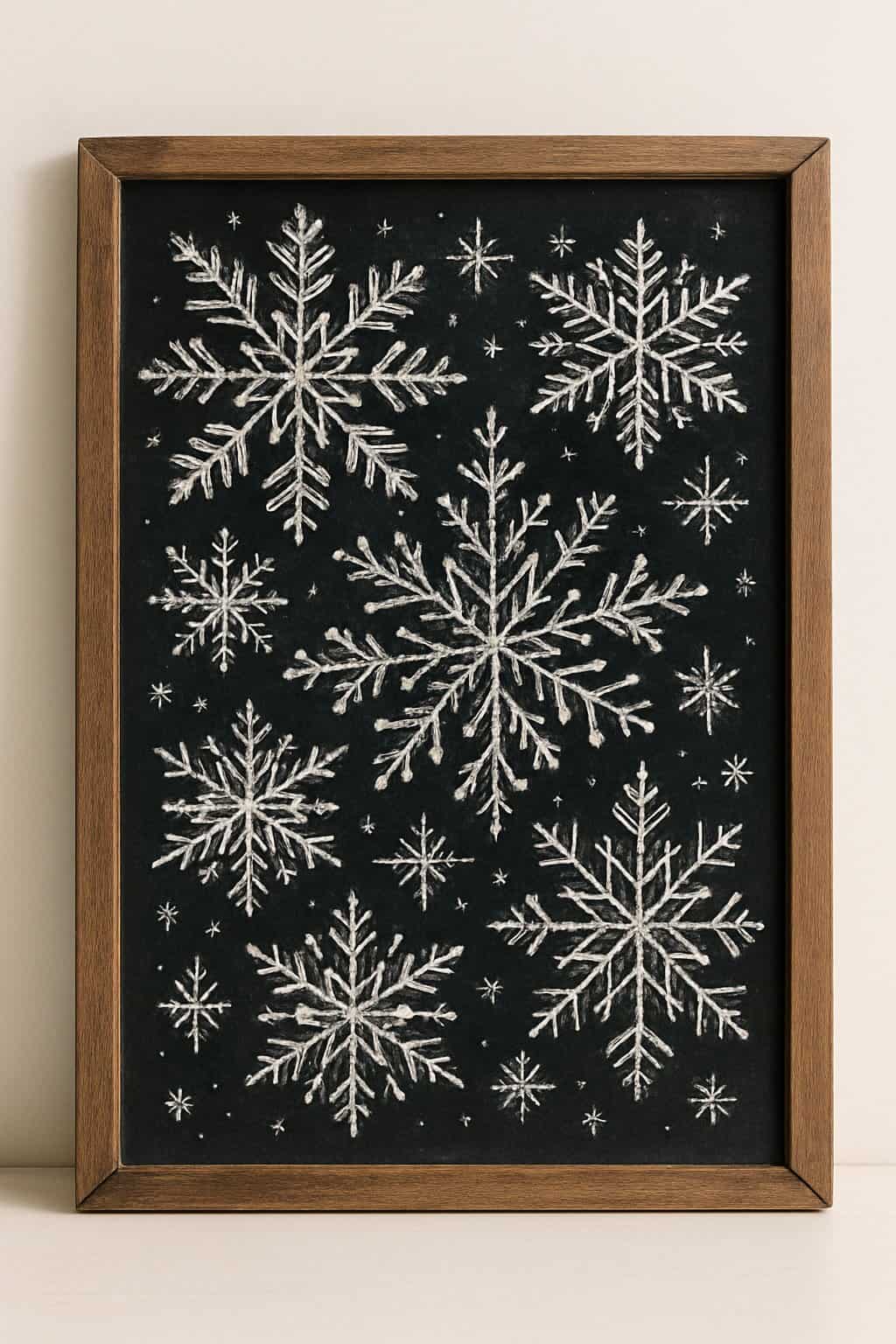 A wood framed chalkboard with hand drawn snowflake designs in different sizes arranged artistically.