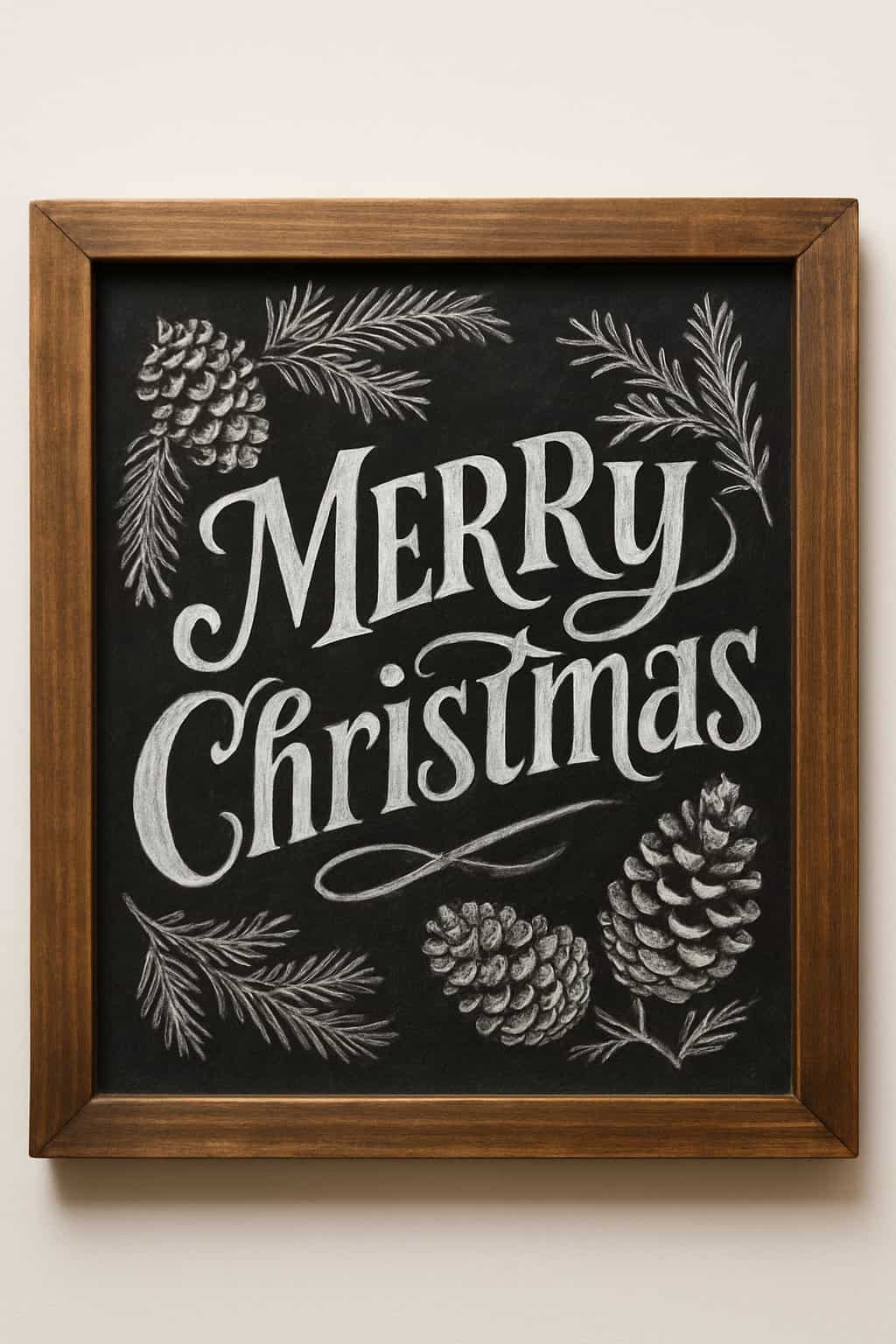 A wood framed chalkboard sign decorated with drawings of pinecones and evergreen branches.