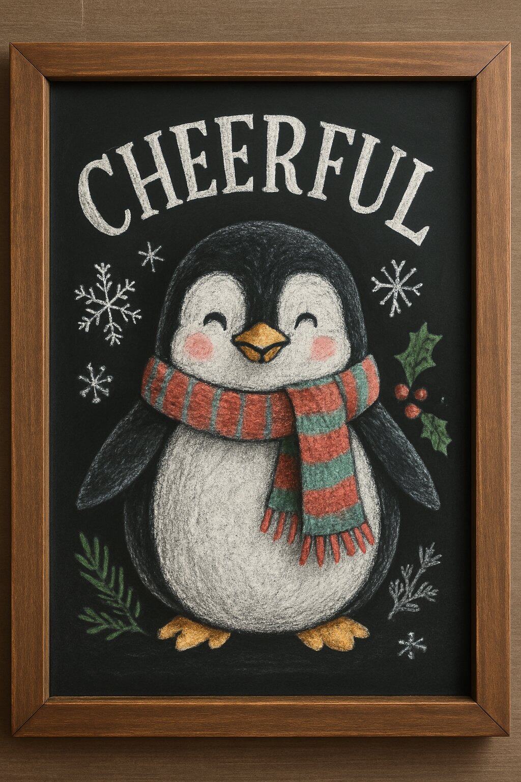 A chalkboard sign with a drawing of a happy penguin wearing a scarf surrounded by snowflakes and holiday greenery.
