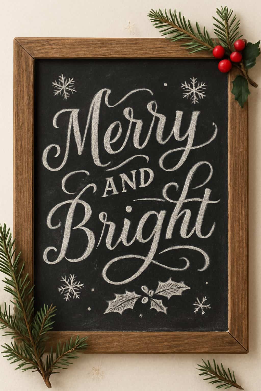 A wood-framed chalkboard sign with decorative handwritten lettering surrounded by small pine branches and berries.