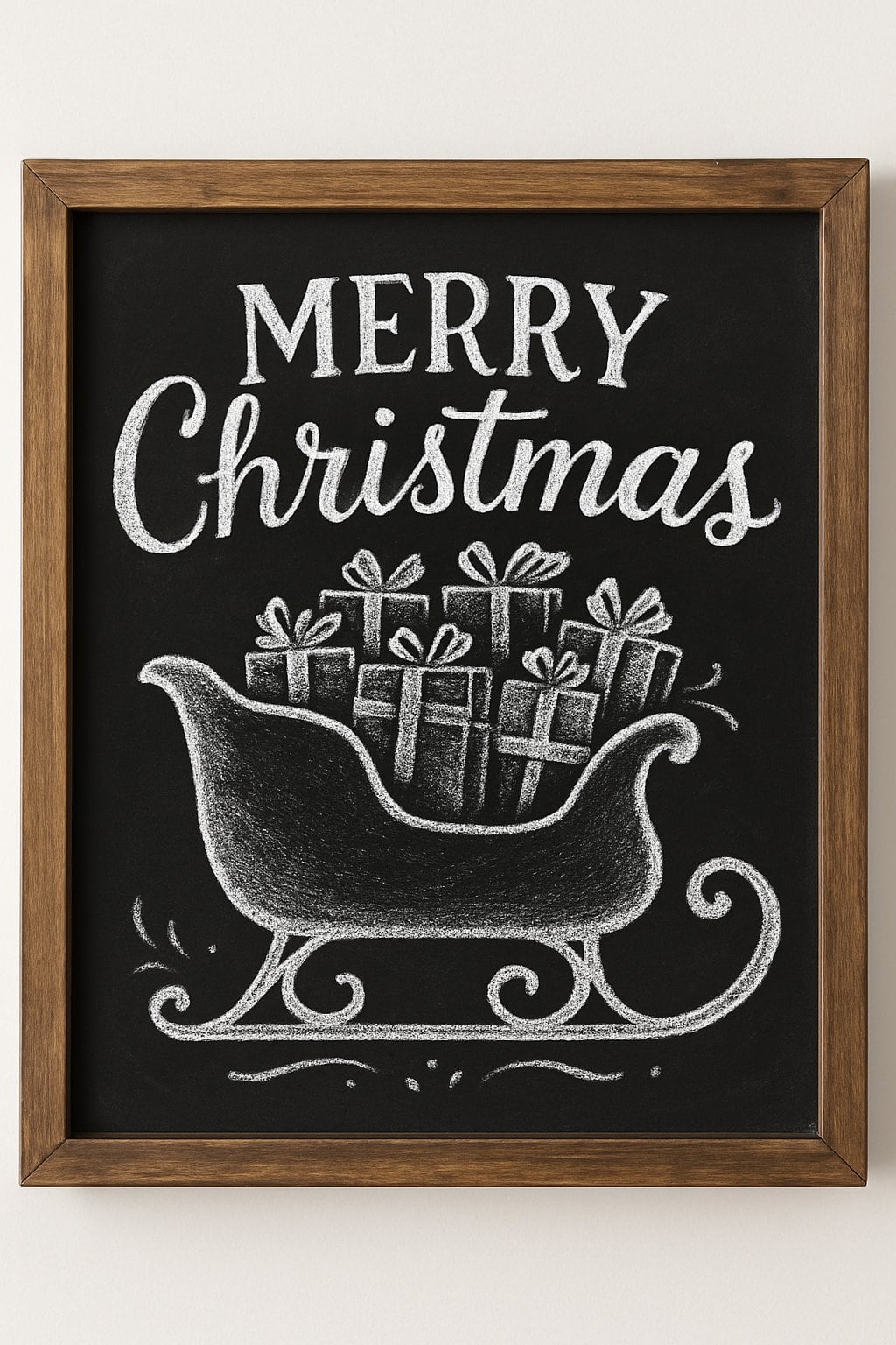 A wood framed chalkboard sign displaying a silhouette of a sleigh filled with presents.