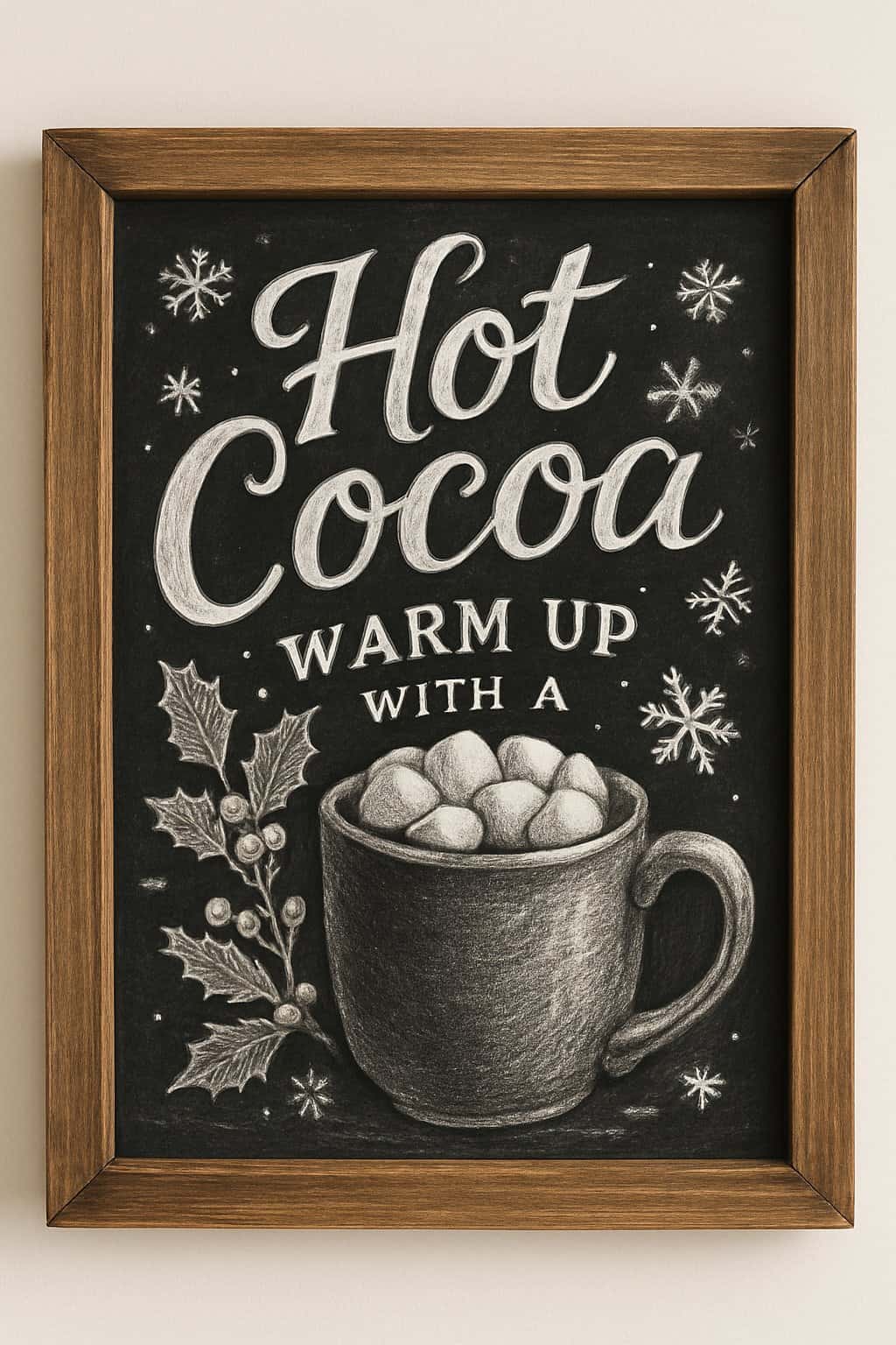 A wood framed chalkboard sign with artistic lettering and seasonal holiday decorations.