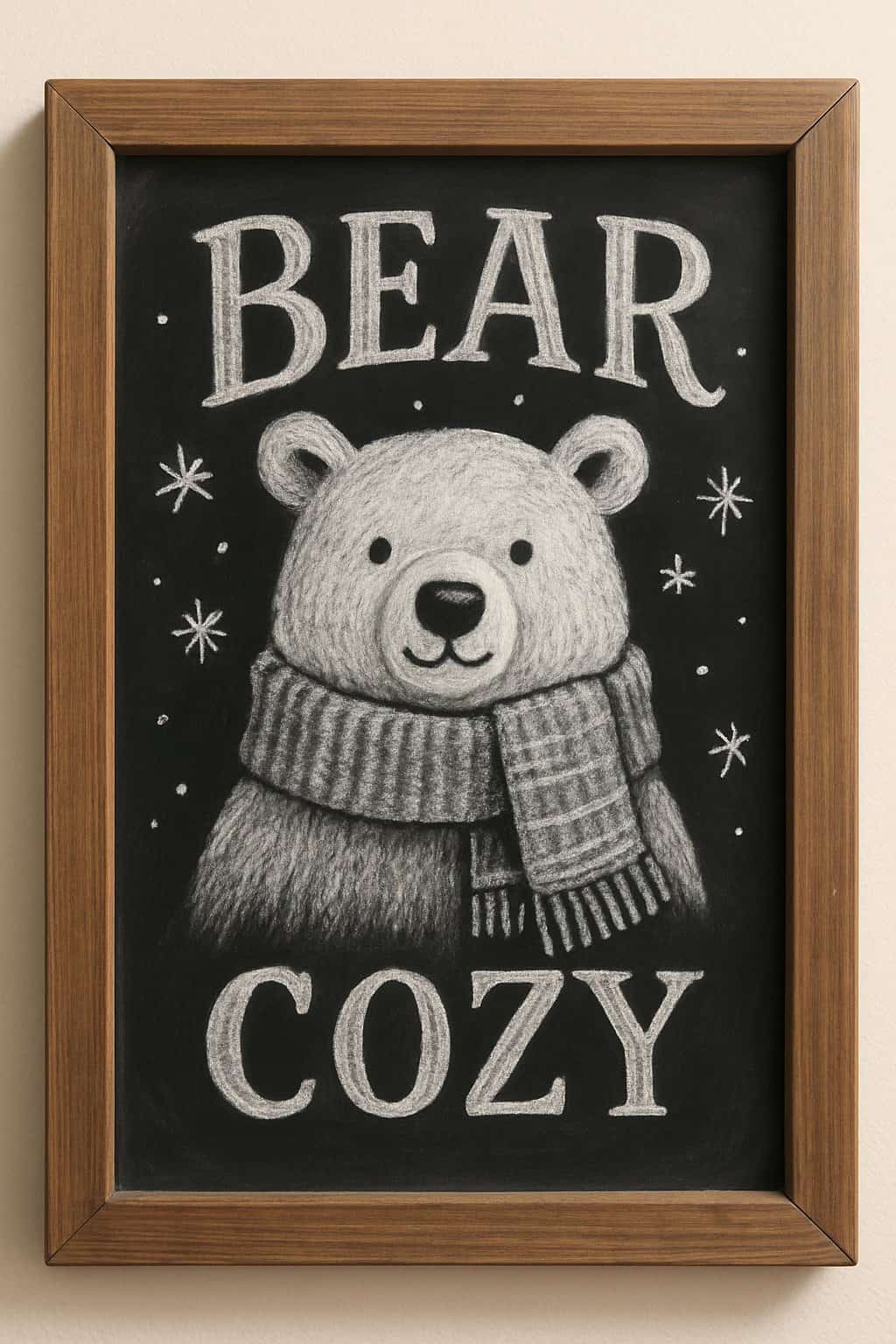 A chalkboard sign with a drawing of a polar bear wearing a scarf inside a wooden frame.