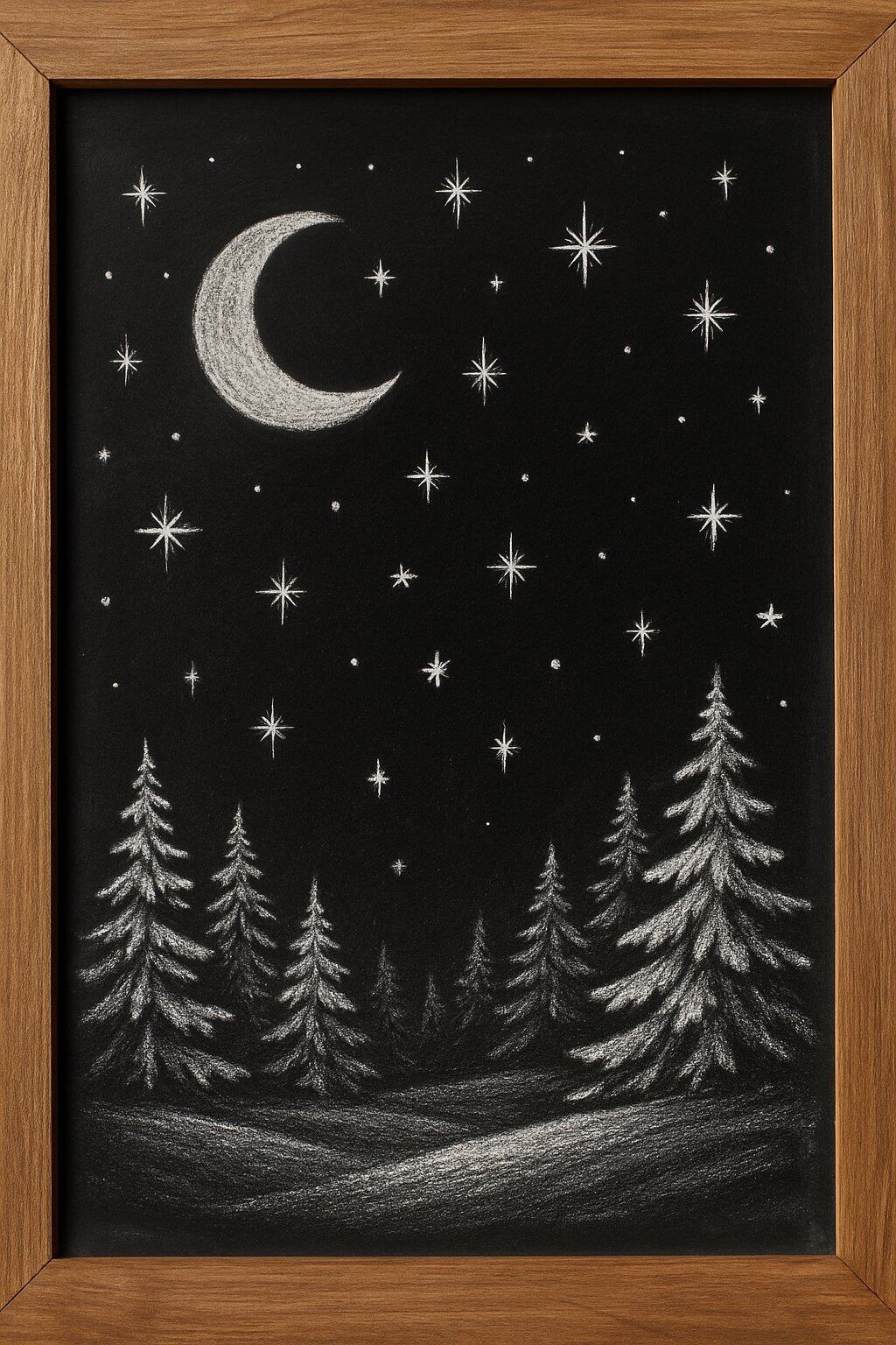 A chalkboard with a wood frame depicting a winter night scene with stars and a crescent moon.