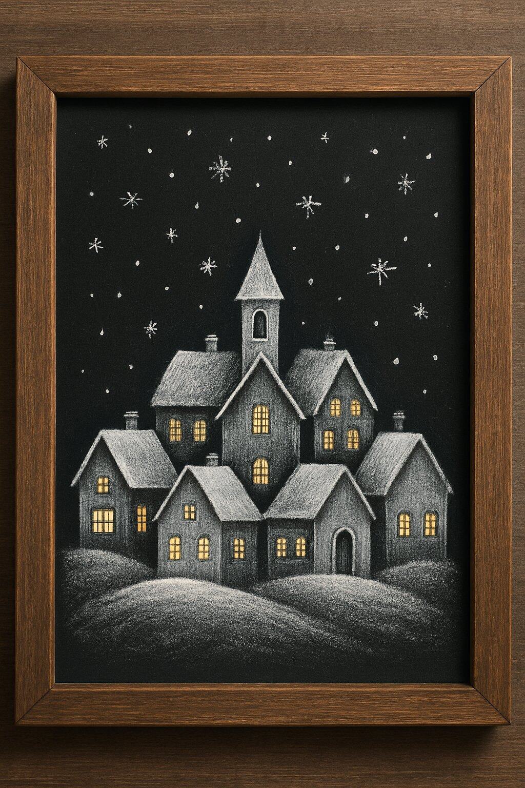 A snowy village with tiny houses surrounded by falling snowflakes on a dark chalkboard background.