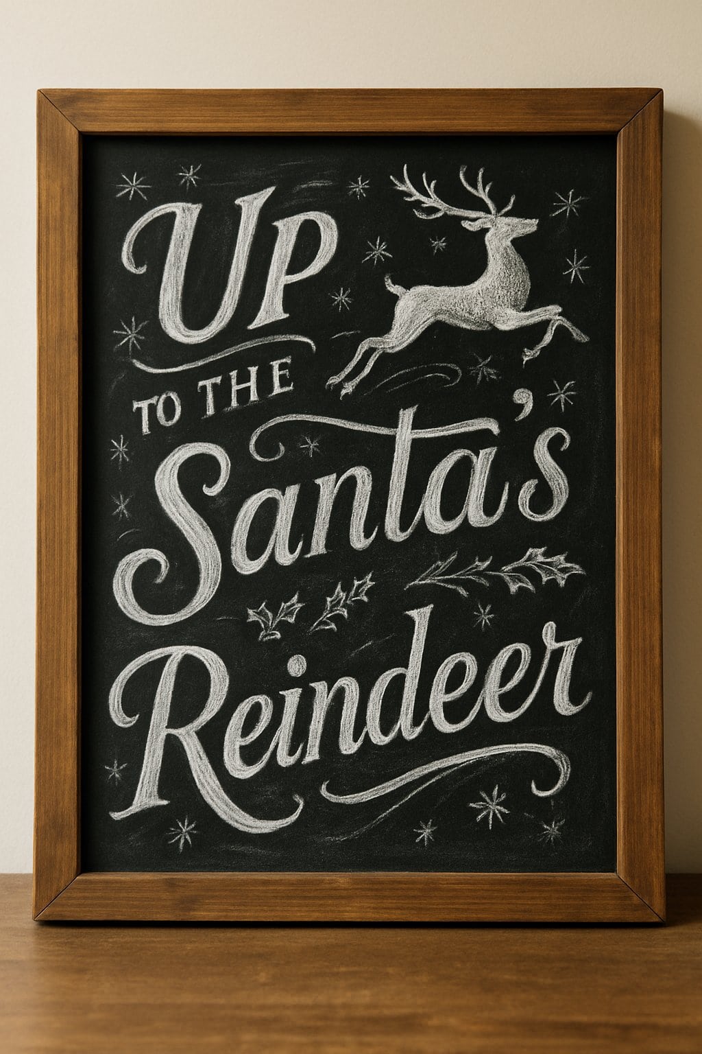 A wood-framed chalkboard sign displaying artistic lettering about Santa’s reindeer in flight, surrounded by subtle seasonal decorations.