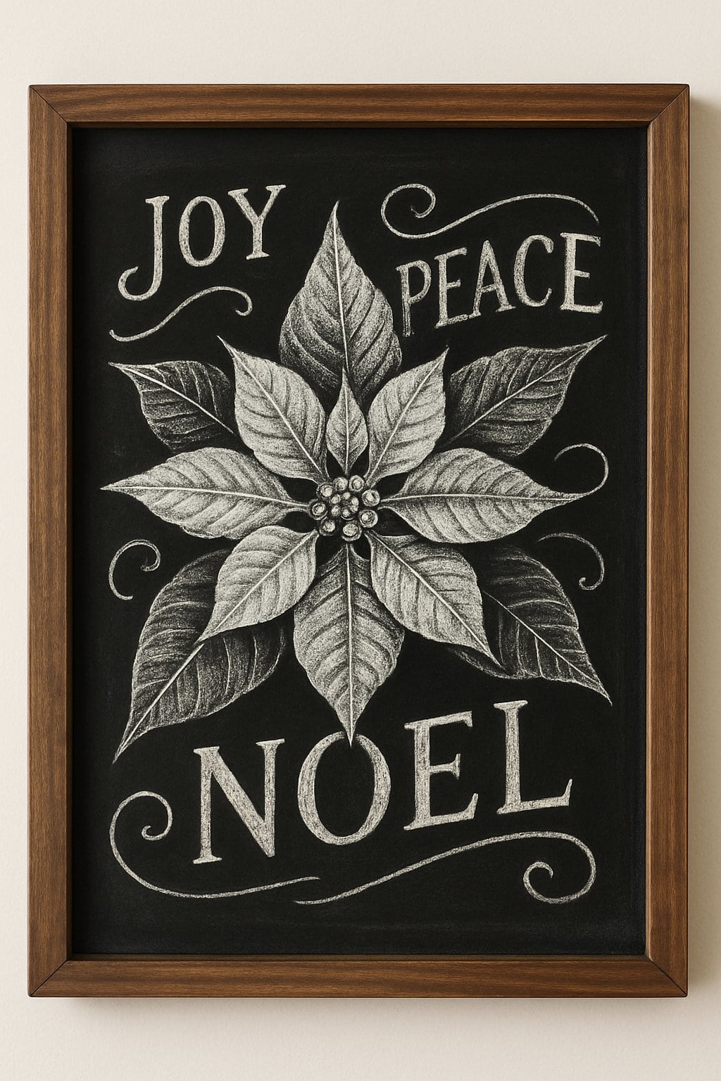 A wood framed chalkboard sign displaying a detailed chalk drawing of a poinsettia flower with artistic chalk designs on a clean background.