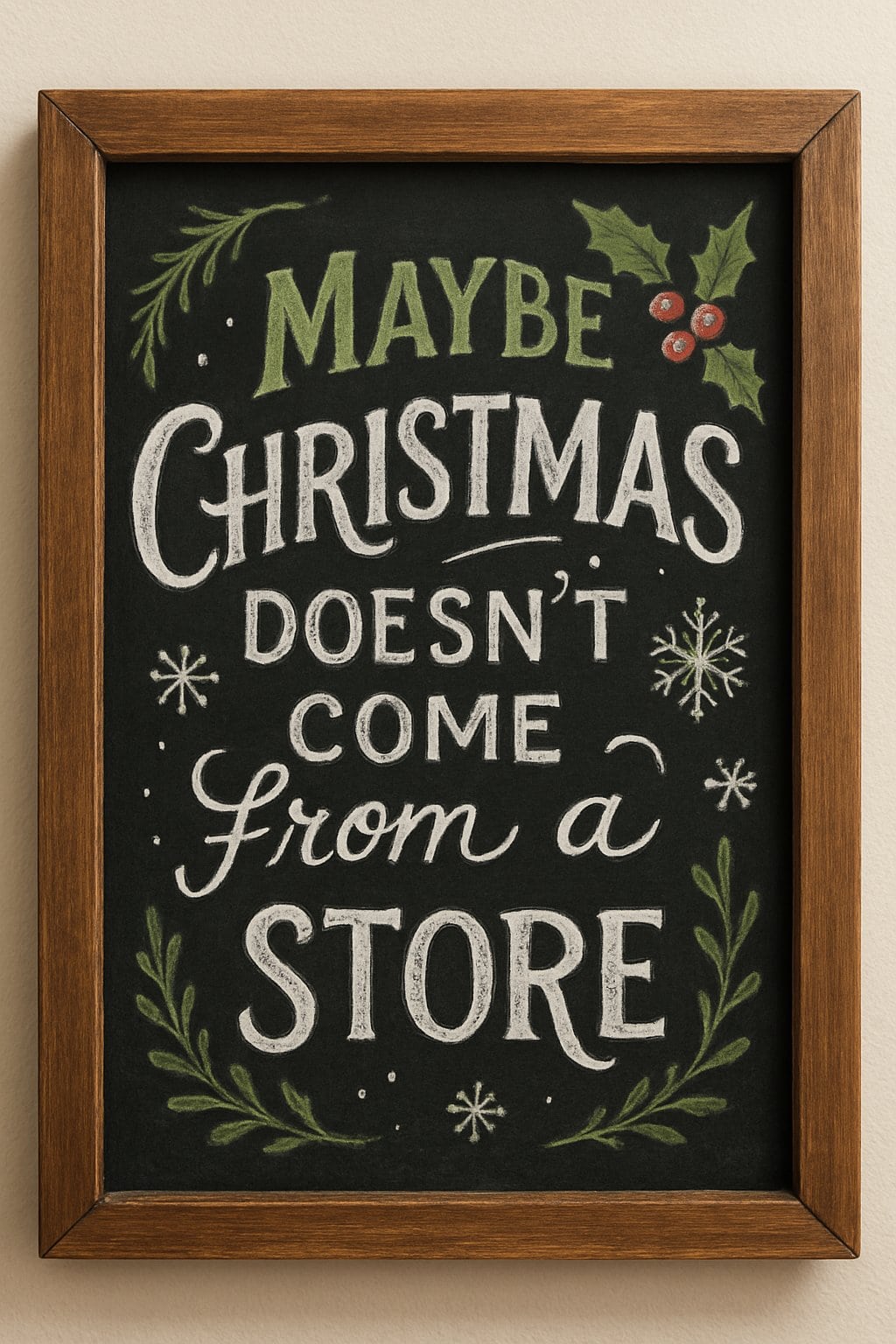 A wood-framed chalkboard sign with hand-drawn seasonal decorative elements and artistic lettering on a clean background.