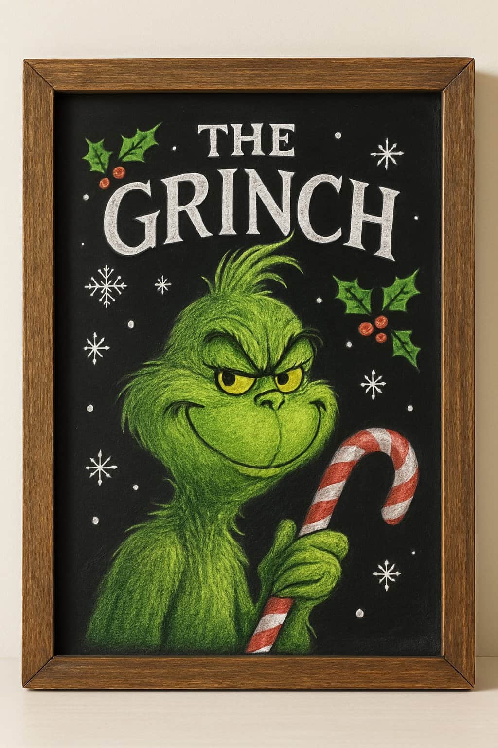 A chalkboard sign showing the Grinch holding a candy cane with a mischievous grin, surrounded by seasonal decorations.