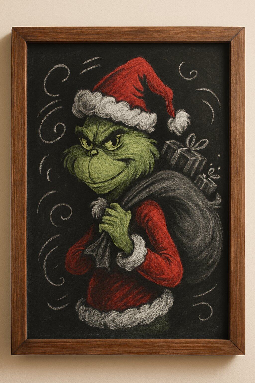 A chalkboard sign showing the Grinch wearing a Santa hat and carrying a sack of presents.