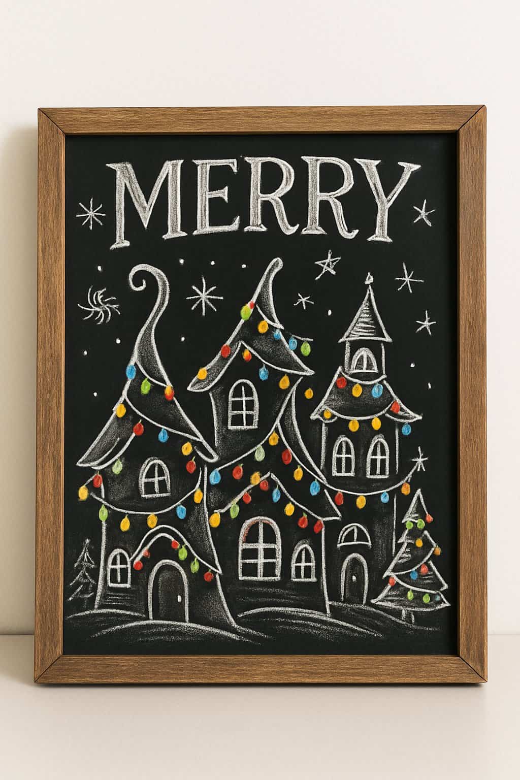 A wood framed chalkboard sign depicting decorated houses with Christmas lights in a festive winter village scene.