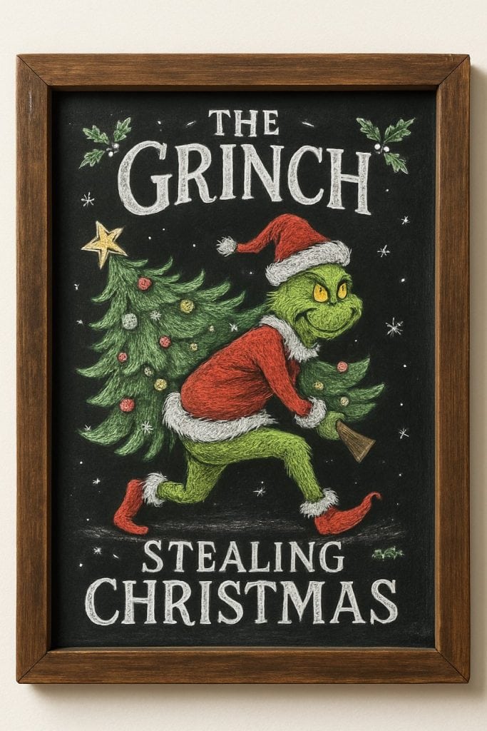 Framed chalk art of the Grinch in a Santa suit sneaking away with a decorated Christmas tree. The text reads "The Grinch Stealing Christmas" in white letters above and below the illustration.