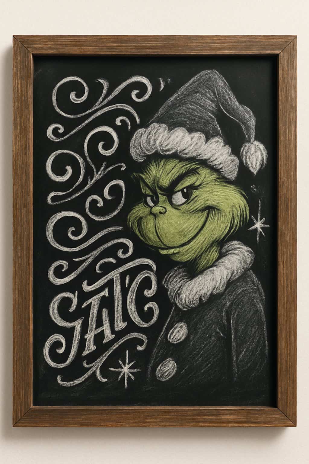 A wood framed chalkboard sign featuring artistic chalk drawings of the Grinch dressed as Santa Claus surrounded by festive holiday elements.