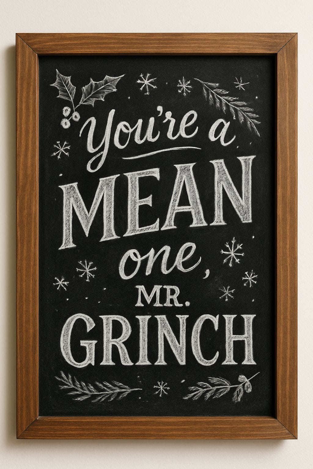 A wood framed chalkboard sign with hand-drawn seasonal decorations surrounding artistic lettering on a clean background.