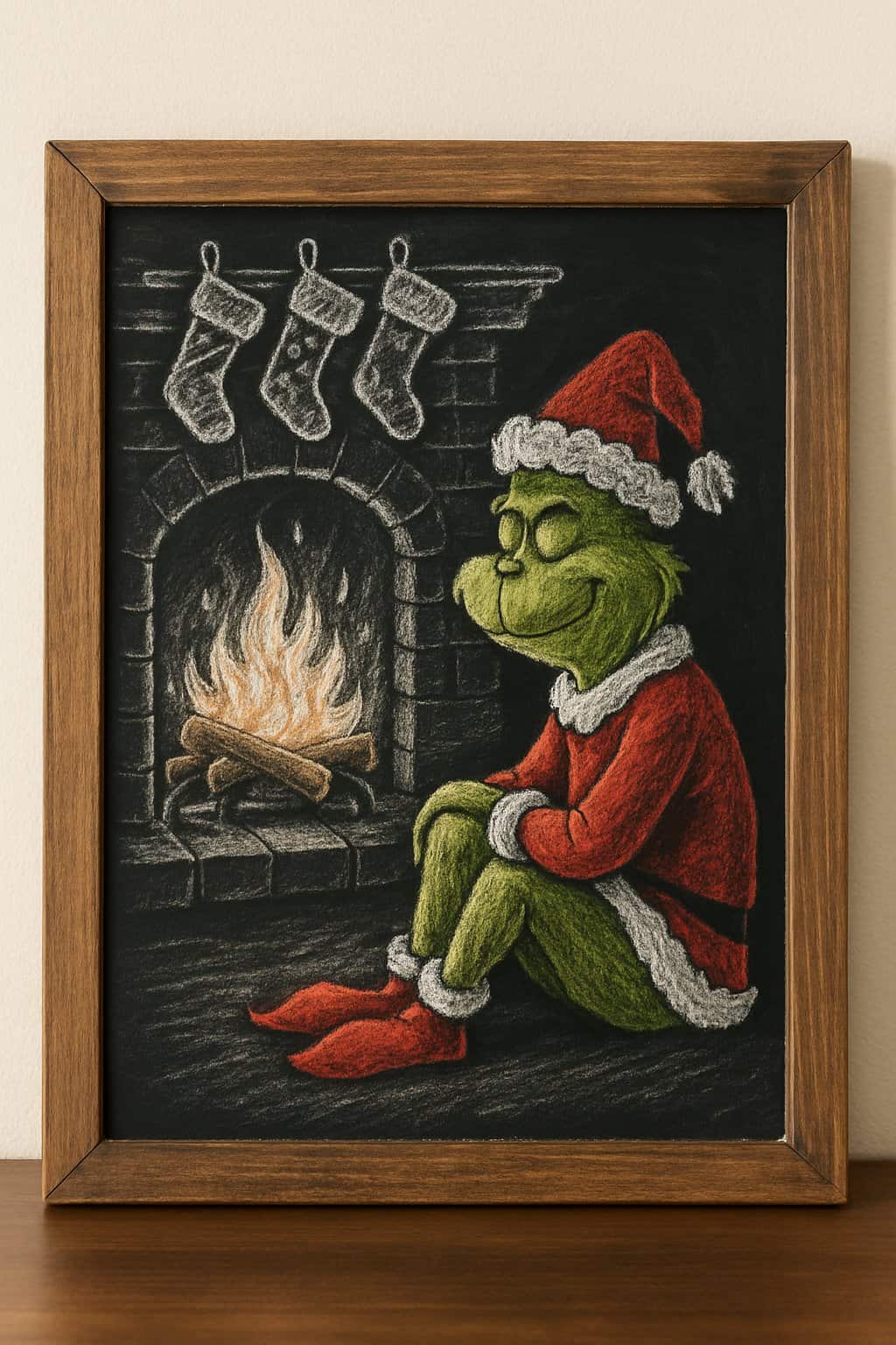 The Grinch sitting by a fireplace with stockings hanging above it.