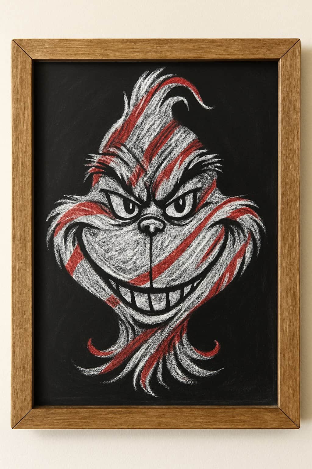 A wood framed chalkboard sign featuring a smiling character with candy cane stripes, surrounded by festive holiday decorations.