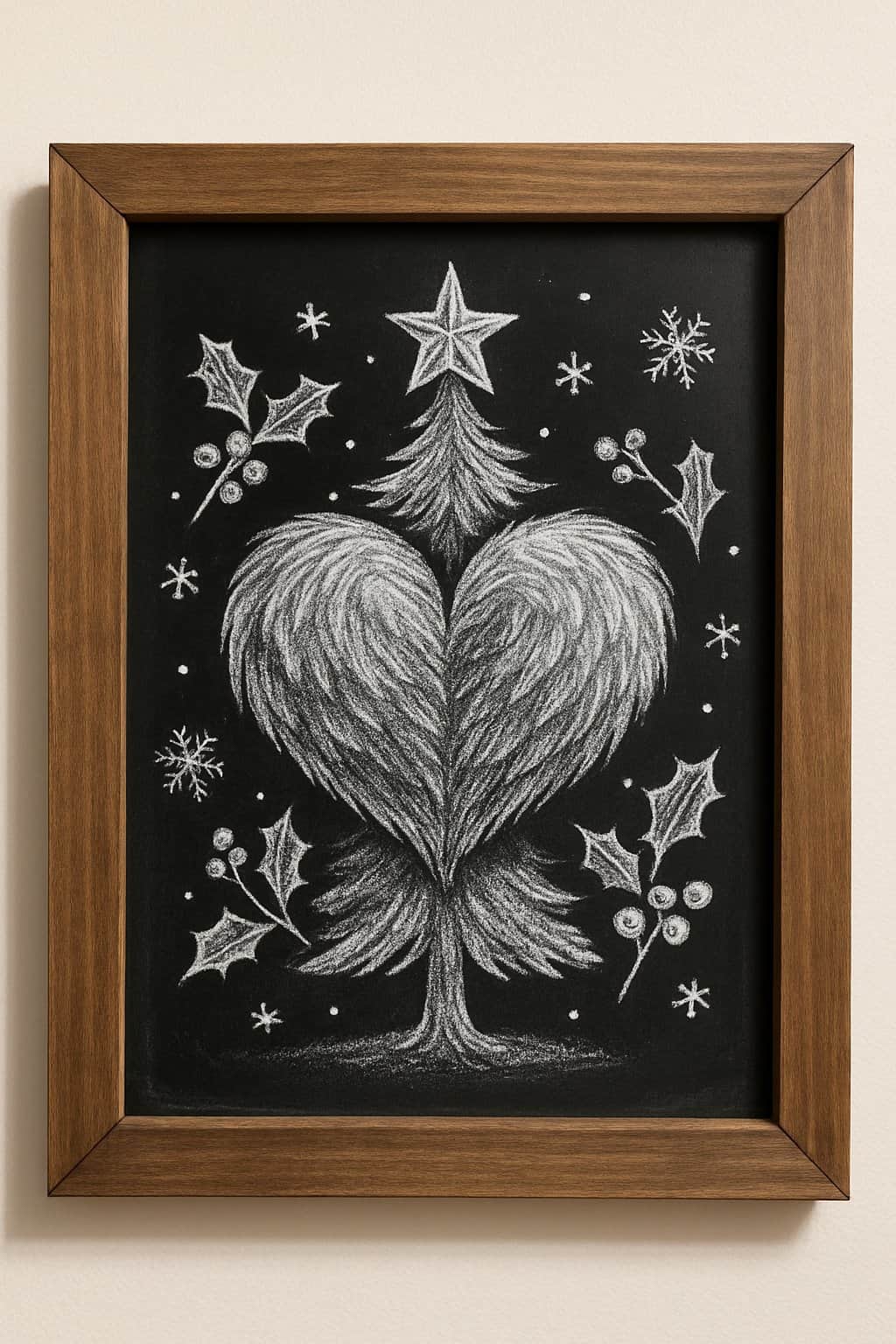 A wood framed chalkboard sign showing a Christmas tree shaped like a heart with holiday decorations around it.