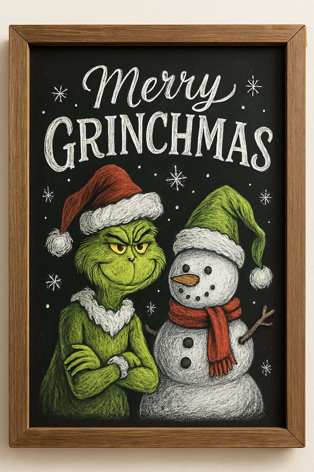 A chalkboard sign showing The Grinch next to a snowman wearing a Grinch hat, surrounded by winter decorations.