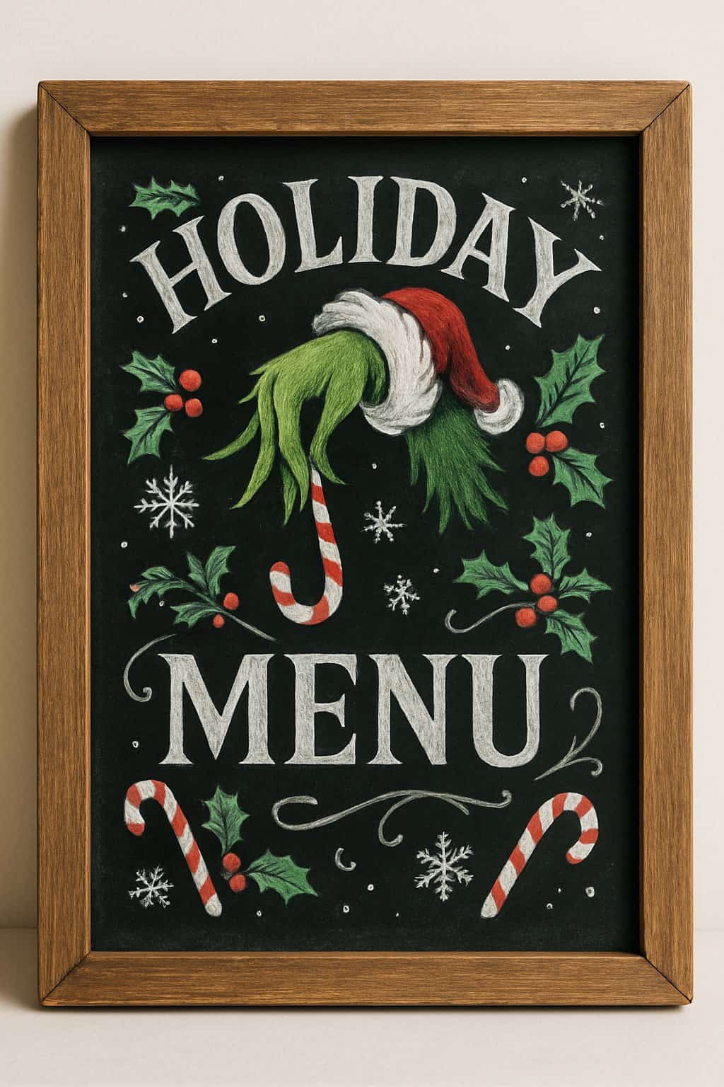 A wood-framed chalkboard sign with holiday-themed hand-drawn illustrations and decorative lettering, set against a clean background with natural light.