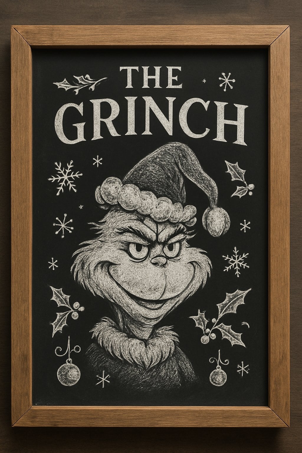 A wood framed chalkboard displaying a chalk drawing of the Grinch surrounded by seasonal decorations like holly leaves and snowflakes.