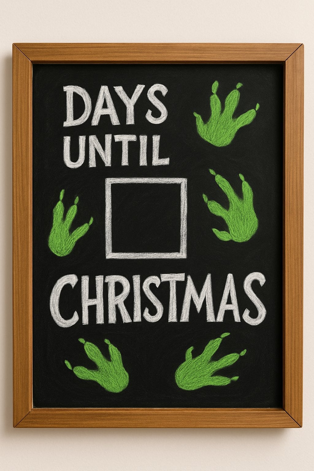 A wood-framed chalkboard with a holiday countdown design featuring green paw prints and festive decorations.