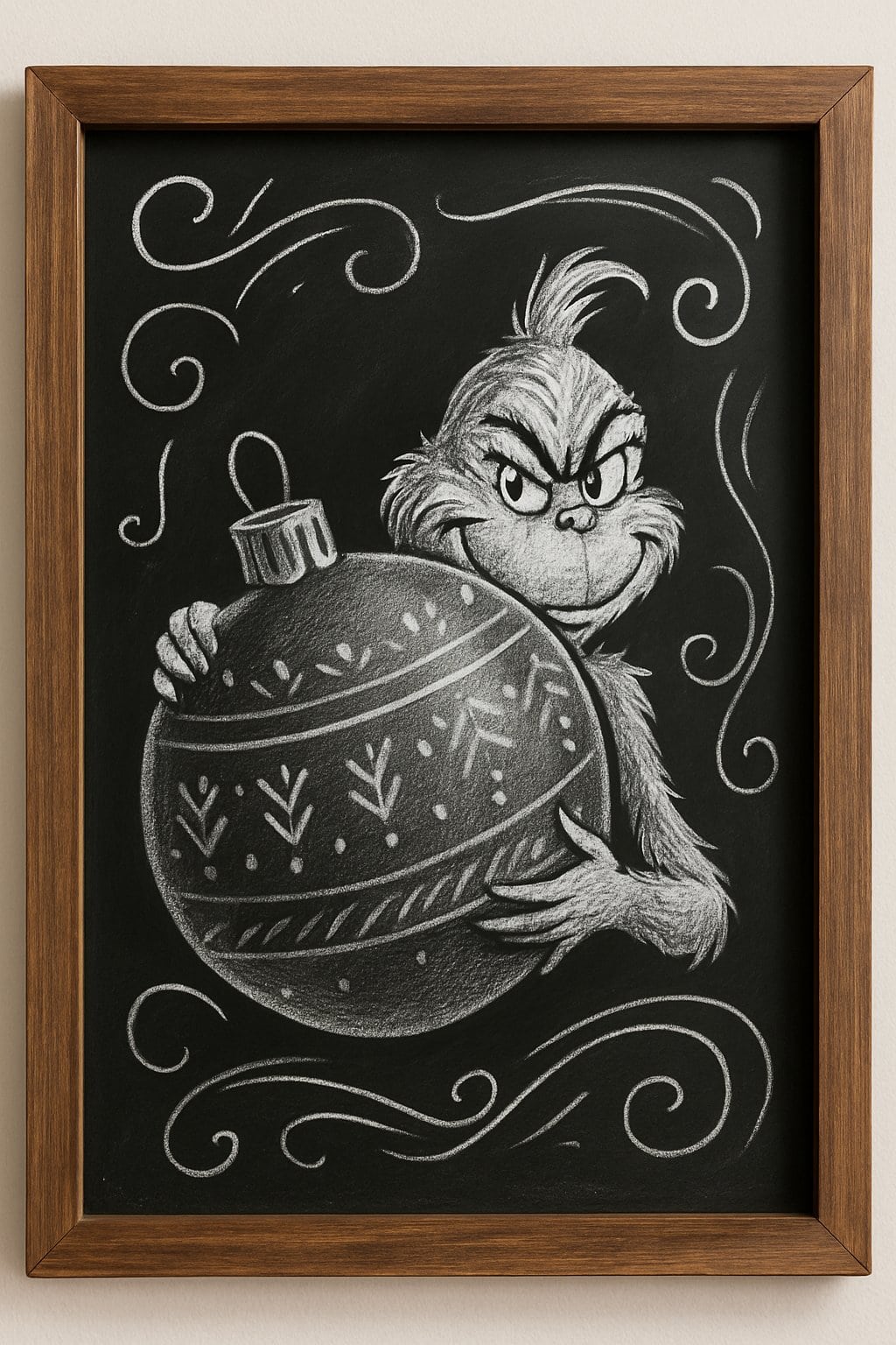 The Grinch hiding behind a large Christmas ornament on a chalkboard sign framed with wood.